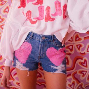 VALENTINES BE MINE DENIM SHORTS